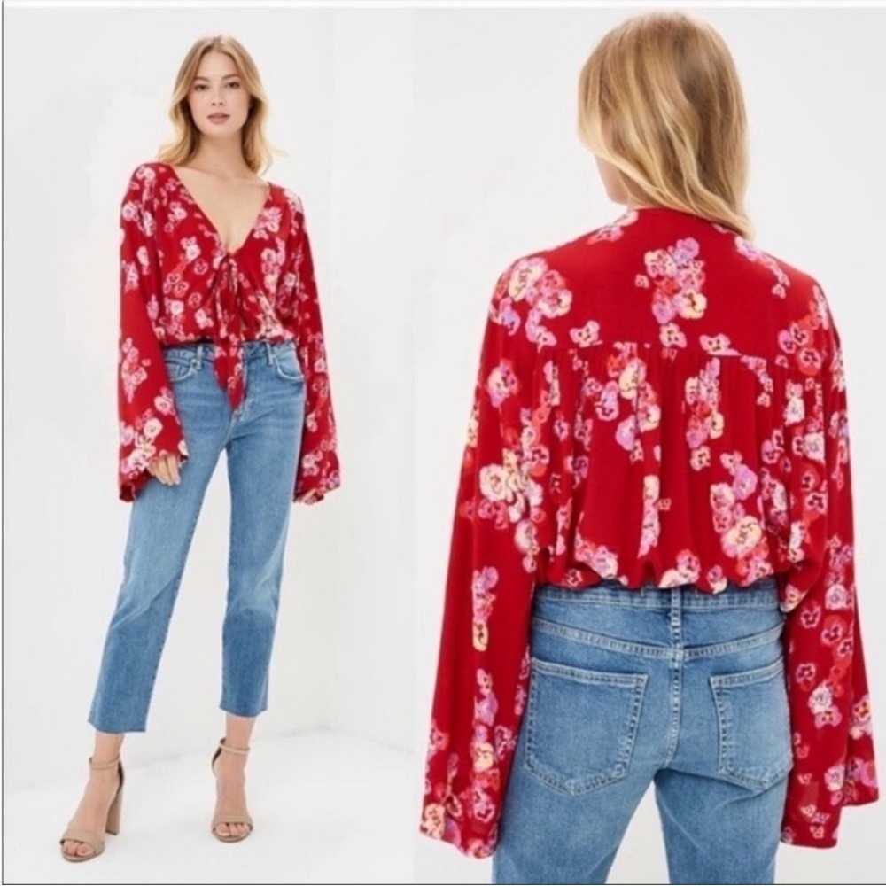 Free People #18A Forties Feels Floral Bell Sleeve Top Bodysuit S Small